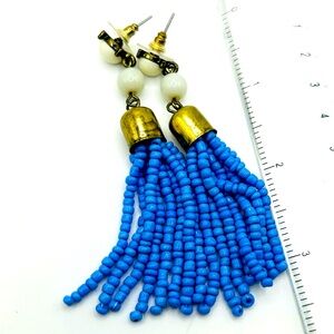 Gorgeous Vintage Blue Seed Bead Dangle Tassel Pierced Earrings
